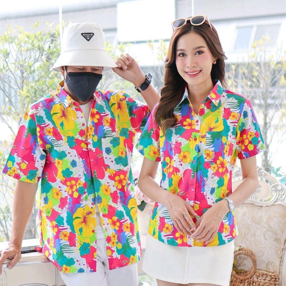040เสื้อเชิ้ตลายดอก ผ้าคอตตอน100% สีไม่ตก ผ้าไม่หด ลายคมชัด มีไซส์หญิงชาย งานป้ายKTIERออกแบบเอง*1ตัว*