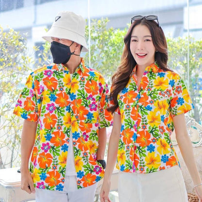 PINK023เสื้อเชิ้ตลายดอก ผ้าคอตตอน100% สีไม่ตก ผ้าไม่หดทลายคมชัด มีไซส์หญิงชาย34-56นิ้ว งานป้ายKTIER**1ตัว