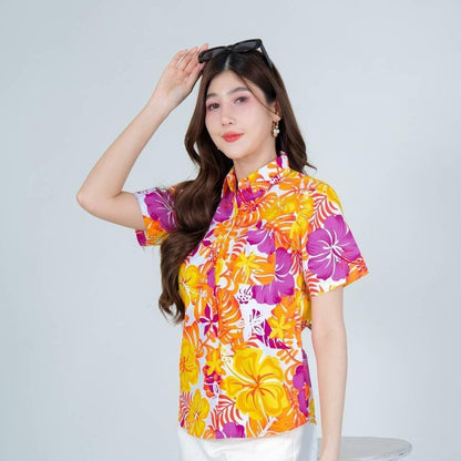 PINK030เสื้อเชิ้ตลายดอก ผ้าคอตตอน100% สีไม่ตก ผ้าไม่หดทลายคมชัด มีไซส์หญิงชาย34-56นิ้ว งานป้ายKTIER**1ตัว