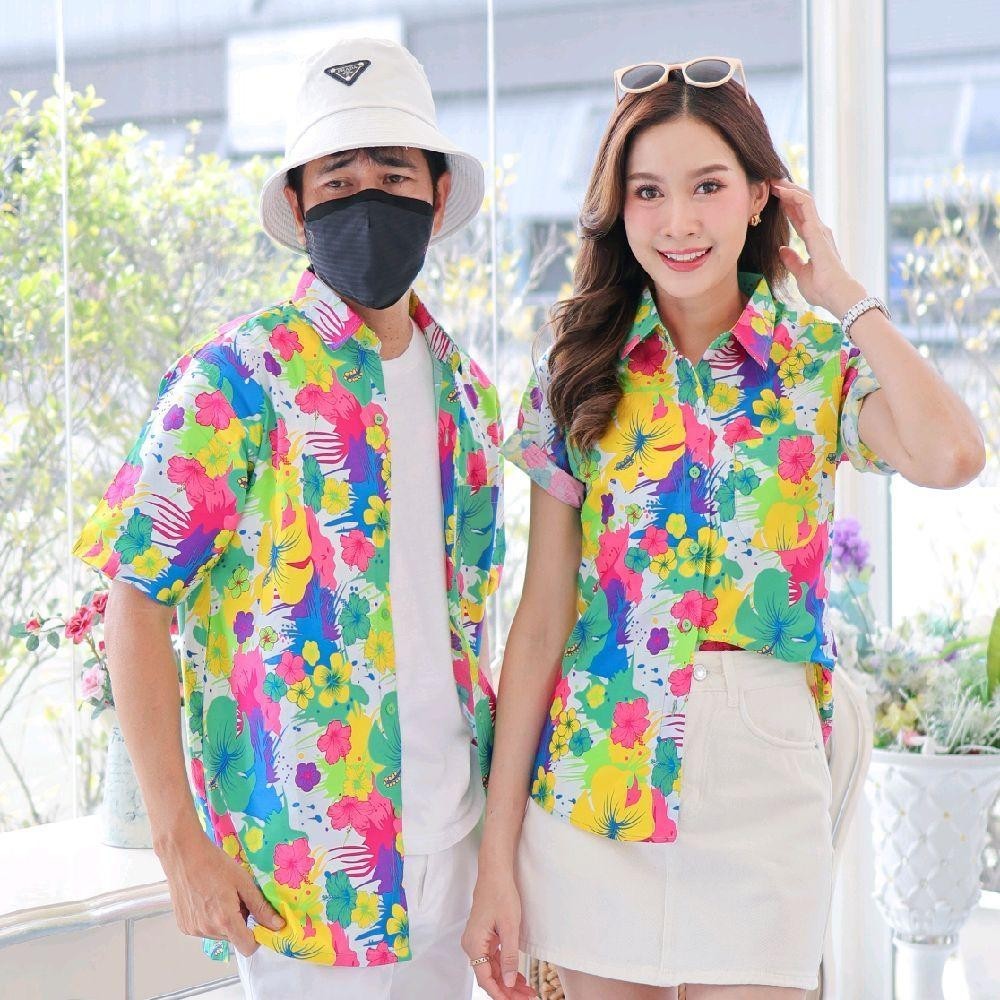 040เสื้อเชิ้ตลายดอก ผ้าคอตตอน100% สีไม่ตก ผ้าไม่หด ลายคมชัด มีไซส์หญิงชาย งานป้ายKTIERออกแบบเอง*1ตัว*