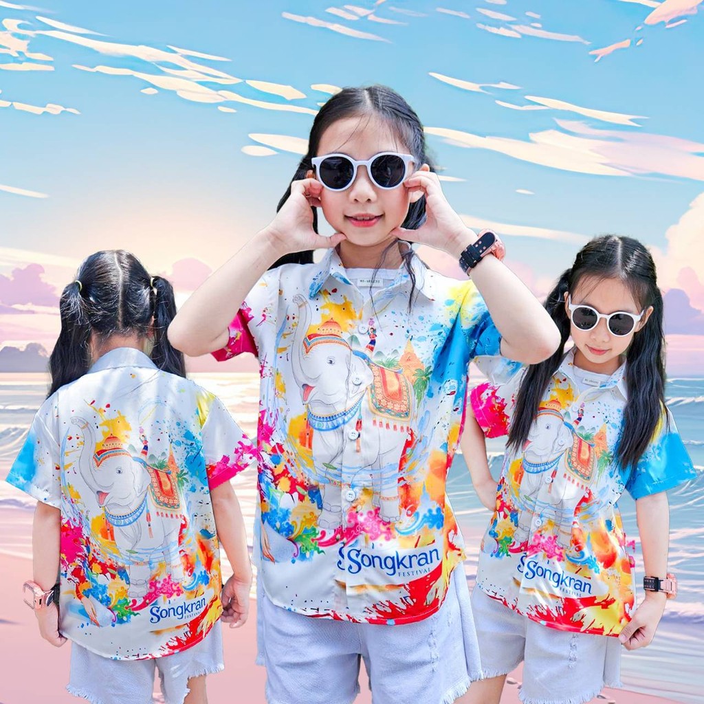 PINK3117เสื้อฮาวายลายช้างSongkran ไซส์เด็ก-ผู้ใหญ่8XL ครบทีม ผ้าโพลีพลีเมี่ยม ทรงวัยรุ่น หญิงชายใส่ได้ ลายคมชัด **1ตัว**