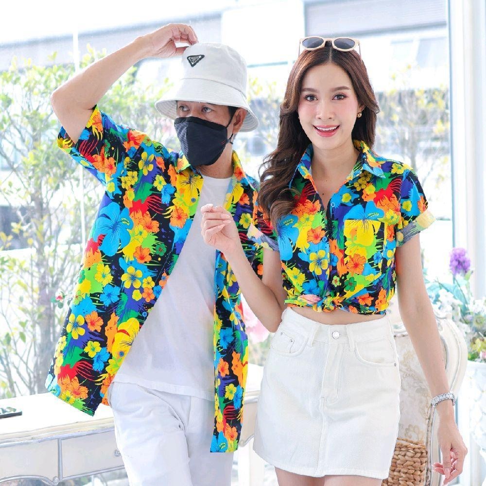 039เสื้อเชิ้ตลายดอก ผ้าคอตตอน100% สีไม่ตก ผ้าไม่หด ลายคมชัด มีไซส์หญิงชาย งานป้ายKTIERออกแบบเอง*1ตัว*