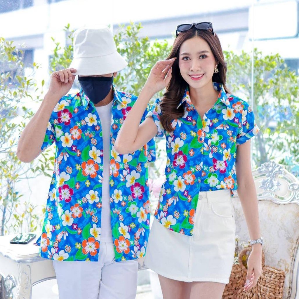 PINK001 เสื้อเชิ้ตสงกรานต์ลายดอก ผ้าคอตตอน100% สีไม่ตก ผ้าไม่หด ลายคมชัด มีไซส์หญิงชาย 34-56นิ้ว งานป้ายKTIER*1ตัว*