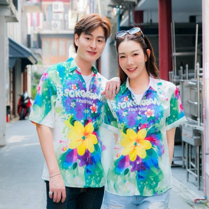 P017 เสื้อฮาวายลายใหม่2025 สาดสีSongkran ทรงวัยรุ่น หญิงชายใส่ได้ ผ้าโพลีพรีเมี่ยม ไซส์38-56นิ้ว งานปัาย ลายคมชัด  *1ตัว
