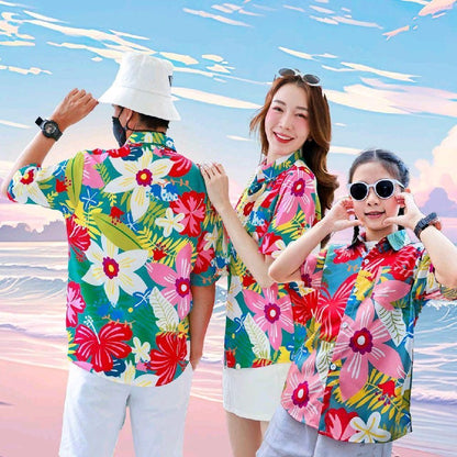 PINK03เสื้อฮาวายลายดอก ไซส์เด็ก-ผู้ใหญ่8XL ครบทีม ผ้าโพลีพลีเมี่ยม ทรงวัยรุ่น หญิงชายใส่ได้ ลายคมชัด **1ตัว**