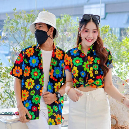 PINK036เสื้อเชิ้ตลายยิ้ม  ผ้าคอตตอน100% สีไม่ตก ผ้าไม่หด ลายคมชัด มีไซส์หญิงชาย งานป้ายKTIERออกแบบเอง*1ตัว*