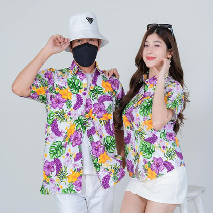 PINK028เสื้อเชิ้ตลายดอก ผ้าคอตตอน100% สีไม่ตก ผ้าไม่หดทลายคมชัด มีไซส์หญิงชาย34-56นิ้ว งานป้ายKTIER**1ตัว