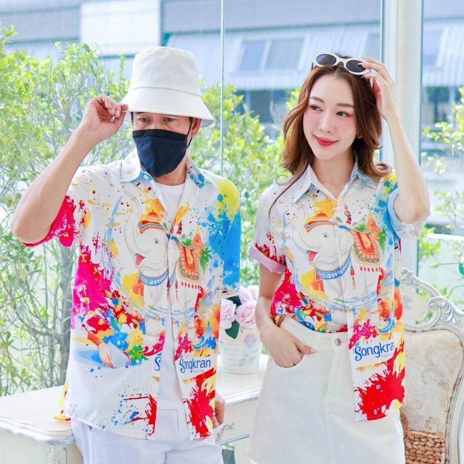 PINK3117เสื้อฮาวายลายช้างSongkran ไซส์เด็ก-ผู้ใหญ่8XL ครบทีม ผ้าโพลีพลีเมี่ยม ทรงวัยรุ่น หญิงชายใส่ได้ ลายคมชัด **1ตัว**