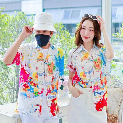 PINK3117เสื้อฮาวายลายช้างSongkran ไซส์เด็ก-ผู้ใหญ่8XL ครบทีม ผ้าโพลีพลีเมี่ยม ทรงวัยรุ่น หญิงชายใส่ได้ ลายคมชัด **1ตัว**