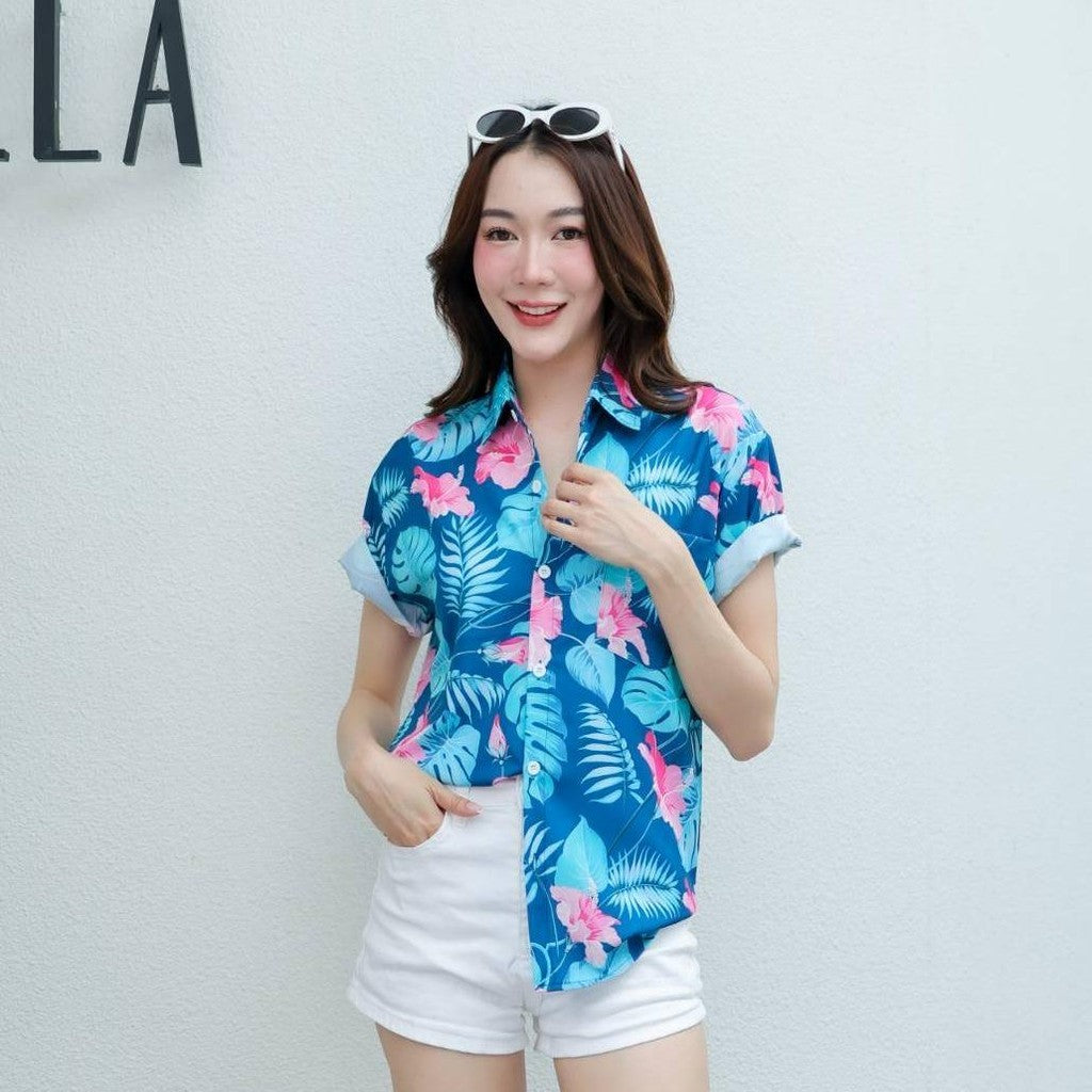 PINK3129 เสื้อฮาวายลายใหม่2025  ทรงวัยรุ่น หญิงชายใส่ได้ ผ้าโพลีพรีเมี่ยม ไซส์S-8XL งานปัาย ลายคมชัด  **1ตัว**