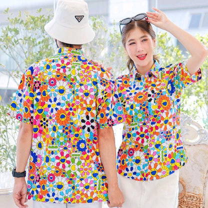 PINK034เสื้อเชิ้ตลายยิ้ม ผ้าคอตตอน100% สีไม่ตก ผ้าไม่หด ลายคมชัด มีไซส์หญิงชาย งานป้ายKTIERออกแบบเอง*1ตัว*