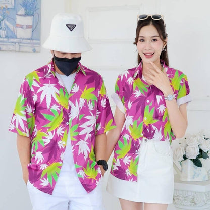 PINK06เสื้อฮาวายลายใบ ไซส์S-8XL ครบทีม ผ้าโพลีพลีเมี่ยม ทรงวัยรุ่น หญิงชายใส่ได้ ลายคมชัด **1ตัว**