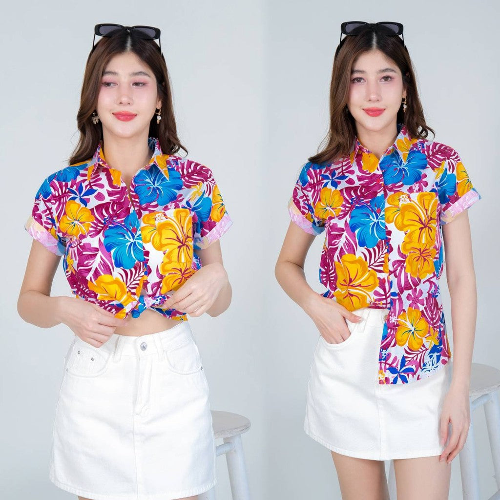Pinkรวมเสื้อเชิ้ตลายดอก ผ้าคอตตอน100% สีไม่ตก ผ้าไม่หดทลายคมชัด ทรงเข้ารูป งานป้ายKTIER**1ตัว