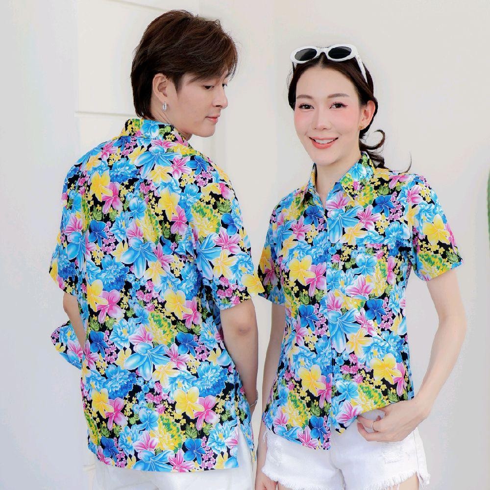 PINK014เสื้อเชิ้ตลายดอก ผ้าคอตตอน100% สีไม่ตก ผ้าไม่หด ลายคมชัด มีไซส์หญิงชาย งานป้ายKTIERออกแบบเอง*1ตัว*