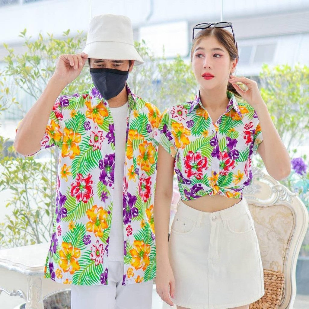 PINK017 เสื้อเชิ้ตลายดอก ผ้าคอตตอน100% สีไม่ตก ผ้าไม่หด ลายคมชัด มีไซส์หญิงชาย S-5XL  งาน   ป้ายKTIER*1ตัว*