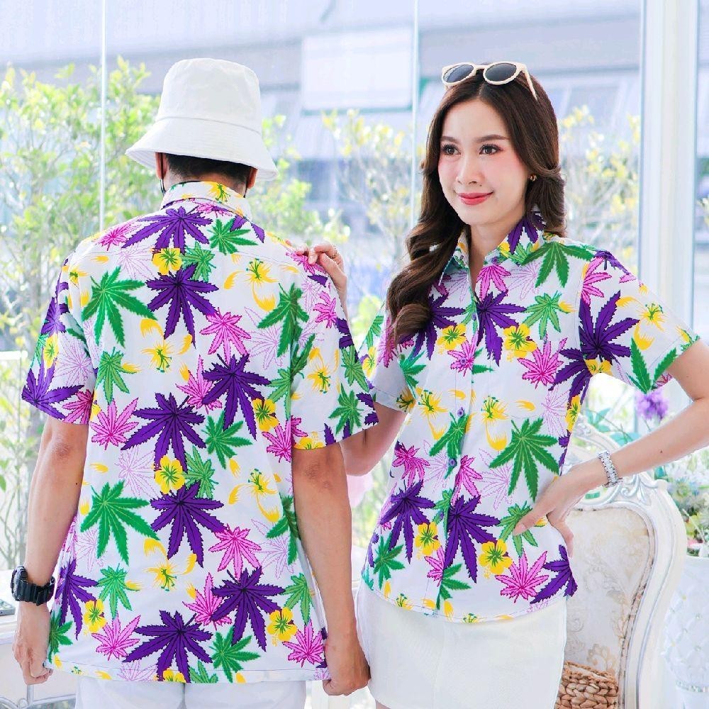 037เสื้อเชิ้ตลายดอก ผ้าคอตตอน100% สีไม่ตก ผ้าไม่หด ลายคมชัด มีไซส์หญิงชาย งานป้ายKTIERออกแบบเอง*1ตัว*