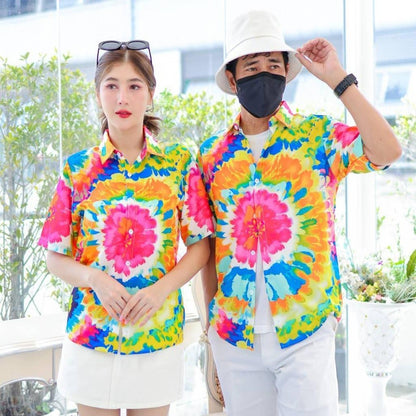 PINK3135เสื้อฮาวายลายมัดย้อม สีสันสดใส ไซส์S-8XL ผ้าโพลีพลีเมี่ยม ทรงวัยรุ่น หญิงชายใส่ได้ ลายคมชัด **1ตัว**