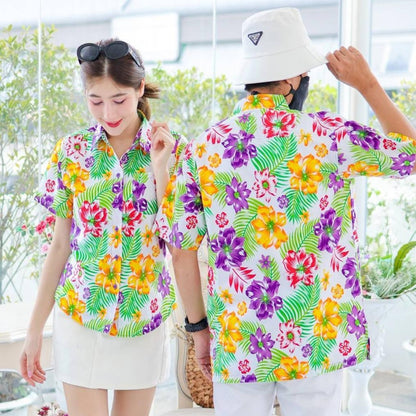 PINK017 เสื้อเชิ้ตลายดอก ผ้าคอตตอน100% สีไม่ตก ผ้าไม่หด ลายคมชัด มีไซส์หญิงชาย S-5XL  งาน   ป้ายKTIER*1ตัว*