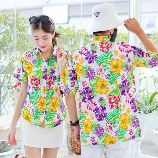 PINK017 เสื้อเชิ้ตลายดอก ผ้าคอตตอน100% สีไม่ตก ผ้าไม่หด ลายคมชัด มีไซส์หญิงชาย S-5XL  งาน   ป้ายKTIER*1ตัว*