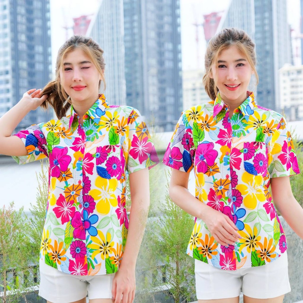 PINKรวมเสื้อเชิ้ตลายดอก2025 เสื้อสงกรานต์ลายดอก ผ้าคอตตอน100% สีไม่ตก ผ้าไม่หด