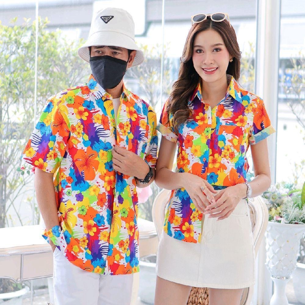 040เสื้อเชิ้ตลายดอก ผ้าคอตตอน100% สีไม่ตก ผ้าไม่หด ลายคมชัด มีไซส์หญิงชาย งานป้ายKTIERออกแบบเอง*1ตัว*