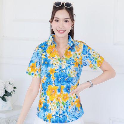Pink019เสื้อเชิ้ตลายดอก ผ้าคอตตอน100% สีไม่ตก ผ้าไม่หดทลายคมชัด มีไซส์หญิงชาย34-56นิ้ว งานป้ายKTIER**1ตัว