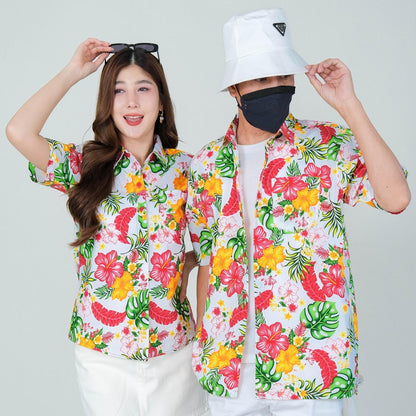 PINK028เสื้อเชิ้ตลายดอก ผ้าคอตตอน100% สีไม่ตก ผ้าไม่หดทลายคมชัด มีไซส์หญิงชาย34-56นิ้ว งานป้ายKTIER**1ตัว