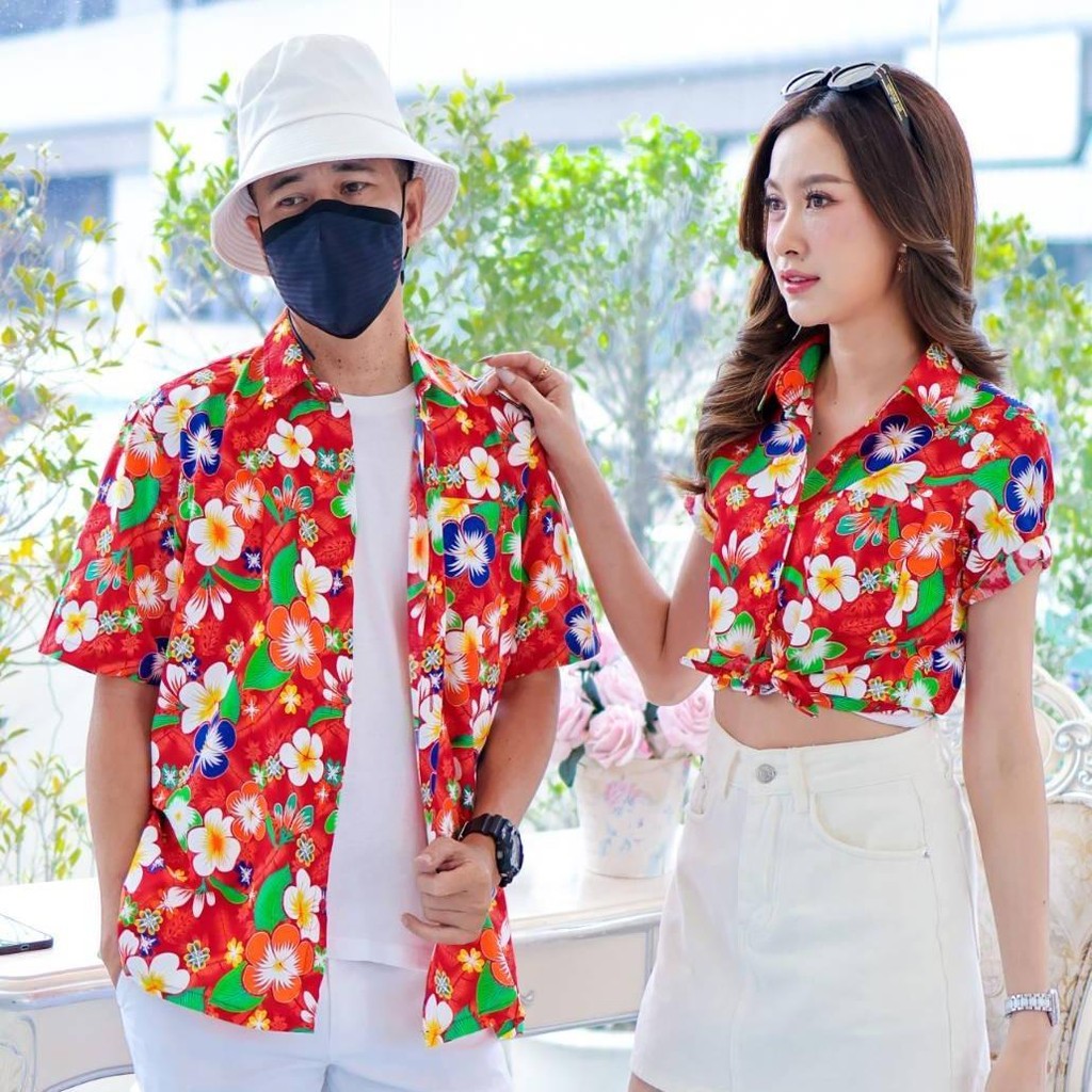 PINK001 เสื้อเชิ้ตสงกรานต์ลายดอก ผ้าคอตตอน100% สีไม่ตก ผ้าไม่หด ลายคมชัด มีไซส์หญิงชาย 34-56นิ้ว งานป้ายKTIER*1ตัว*