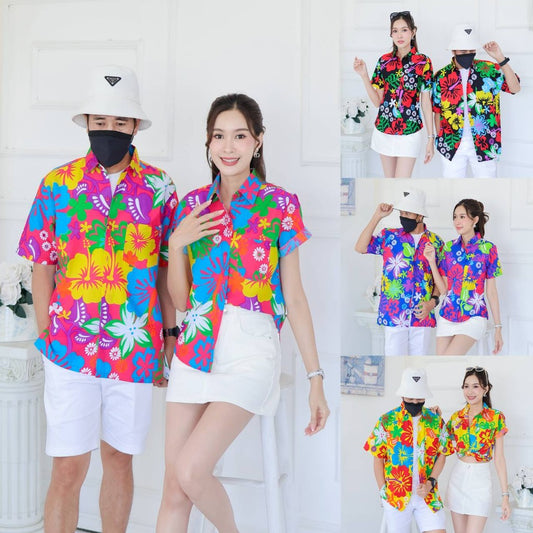 KING021เสื้อเชิ้ตลายยิ้ม  ผ้าคอตตอน100% สีไม่ตก ผ้าไม่หด ลายคมชัด มีไซส์หญิงชาย งานป้ายKTIERออกแบบเอง*1ตัว*