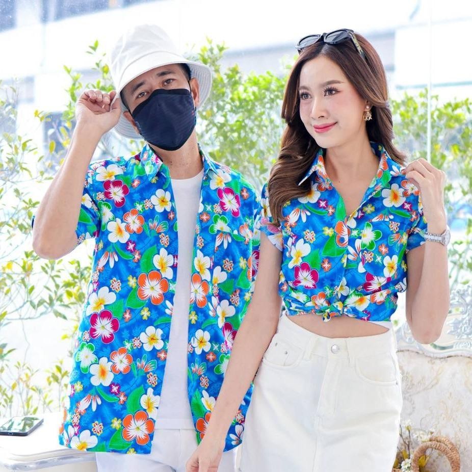 PINK001 เสื้อเชิ้ตสงกรานต์ลายดอก ผ้าคอตตอน100% สีไม่ตก ผ้าไม่หด ลายคมชัด มีไซส์หญิงชาย 34-56นิ้ว งานป้ายKTIER*1ตัว*