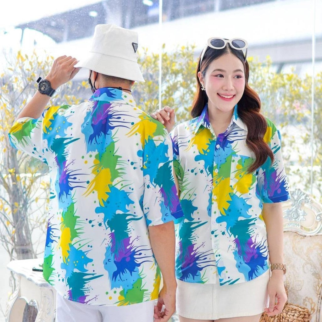 PINK3138 เสื้อฮาวายลายใหม่2025 สาดสี ทรงวัยรุ่น หญิงชายใส่ได้ ผ้าโพลีพรีเมี่ยม ไซส์38-56นิ้ว **1ตัว*