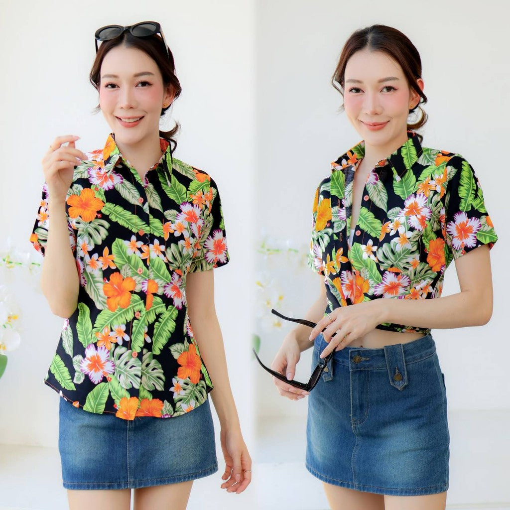 PINKรวมเสื้อเชิ้ตลายดอก2025 เสื้อสงกรานต์ลายดอก ผ้าคอตตอน100% สีไม่ตก ผ้าไม่หด
