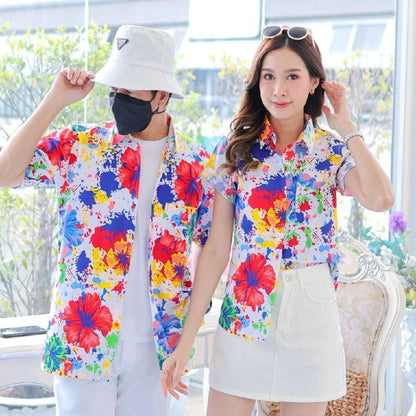 PINK038เสื้อเชิ้ตลายดอก ผ้าคอตตอน100% สีไม่ตก ผ้าไม่หด ลายคมชัด มีไซส์หญิงชาย งานป้ายKTIERออกแบบเอง*1ตัว*
