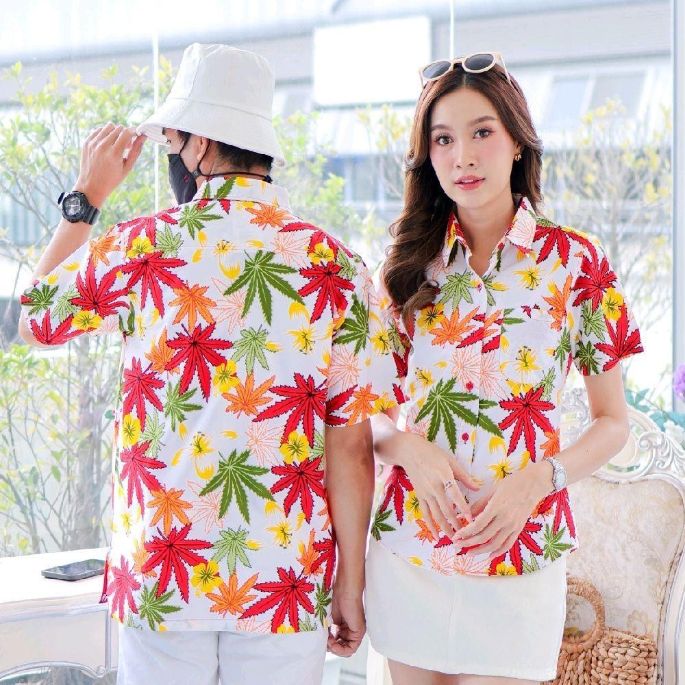 037เสื้อเชิ้ตลายดอก ผ้าคอตตอน100% สีไม่ตก ผ้าไม่หด ลายคมชัด มีไซส์หญิงชาย งานป้ายKTIERออกแบบเอง*1ตัว*