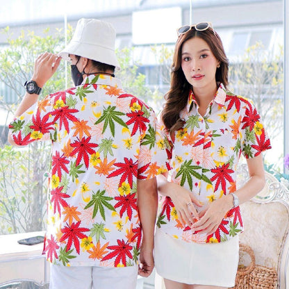 037เสื้อเชิ้ตลายดอก ผ้าคอตตอน100% สีไม่ตก ผ้าไม่หด ลายคมชัด มีไซส์หญิงชาย งานป้ายKTIERออกแบบเอง*1ตัว*