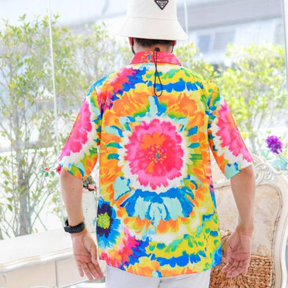 PINK3135 เสื้อฮาวายลายใหม่2025 มัดย้อม ทรงวัยรุ่น หญิงชายใส่ได้ ผ้าโพลีพรีเมี่ยม ไซส์เด็ก-ผู้ใหญ่ **1ตัว*