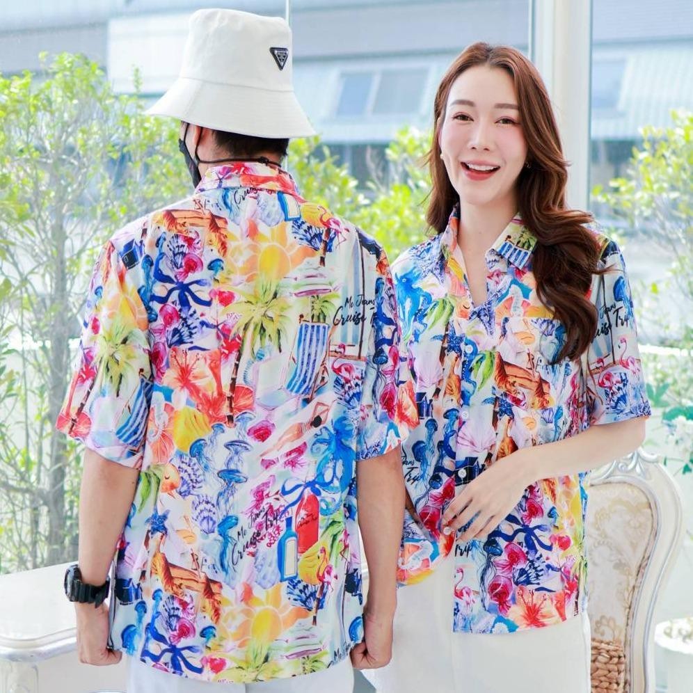 PINK08เสื้อฮาวาย ไซส์เด็ก-ผู้ใหญ่8XL ครบทีม ผ้าโพลีพลีเมี่ยม ทรงวัยรุ่น หญิงชายใส่ได้ ลายคมชัด **1ตัว**
