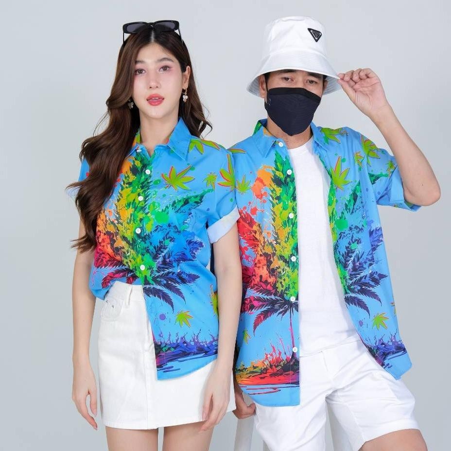 PINK3134 เสื้อฮาวายลายใหม่2025 ทรงวัยรุ่น หญิงชายใส่ได้ ผ้าโพลีพรีเมี่ยม ไซส์S-8XL งานปัาย ลายคมชัด  **1ตัว**