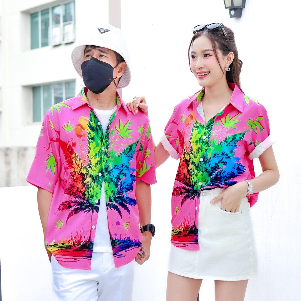 PINK3134 เสื้อฮาวายลายใหม่2025 ทรงวัยรุ่น หญิงชายใส่ได้ ผ้าโพลีพรีเมี่ยม ไซส์S-8XL งานปัาย ลายคมชัด  **1ตัว**