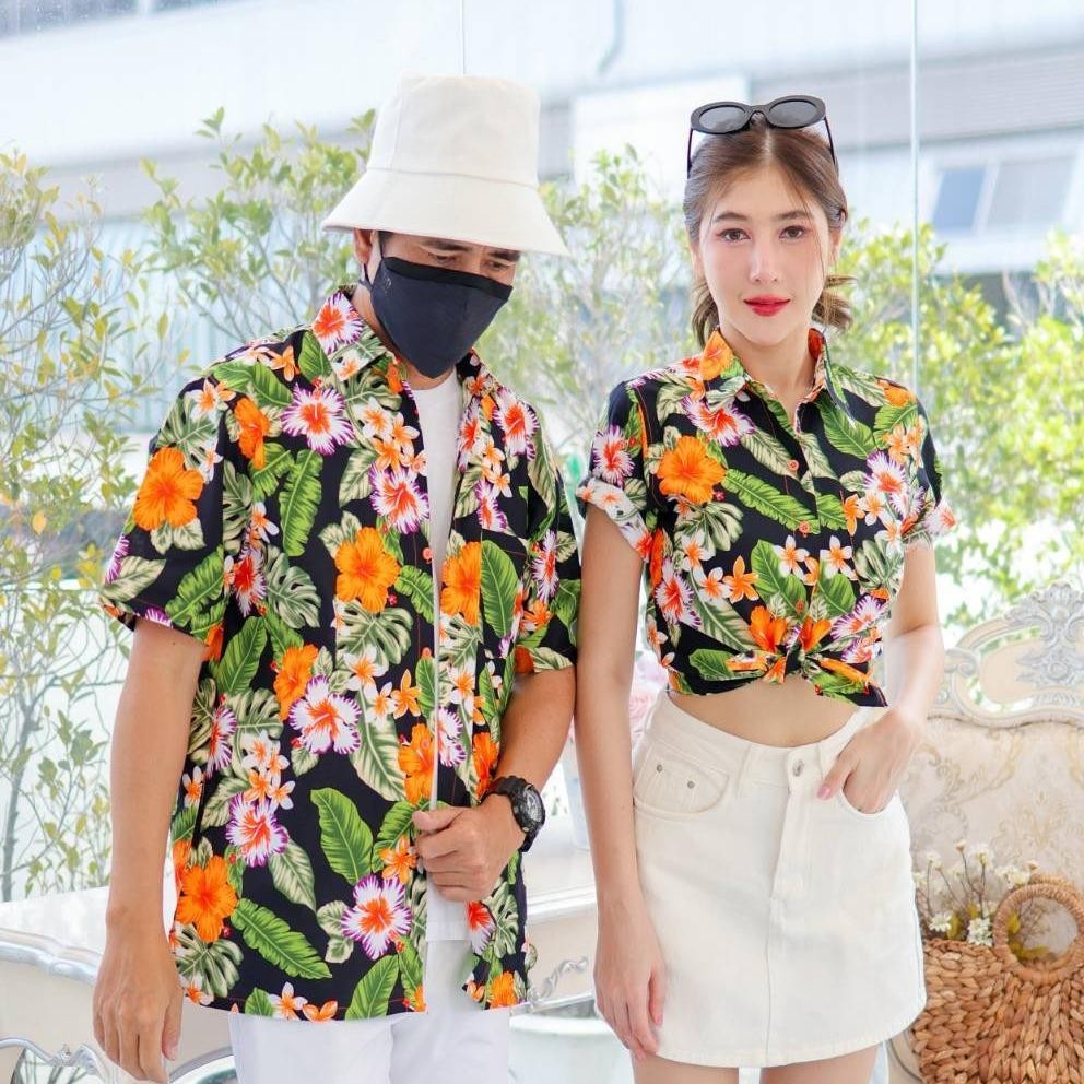 KING09 เสื้อเชิ้อสงกรานต์ลายดอก ผ้าคอตตอน100% สีไม่ตก ผ้าไม่หด ลายคมชัด มีไซส์หญิงชาย 34-56นิ้ว งานป้าย ออกแบบเอง*1ตัว*