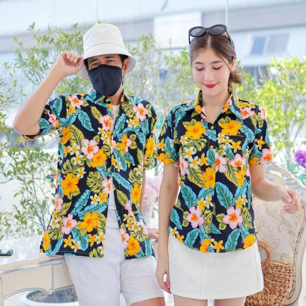 KING09 เสื้อเชิ้อสงกรานต์ลายดอก ผ้าคอตตอน100% สีไม่ตก ผ้าไม่หด ลายคมชัด มีไซส์หญิงชาย 34-56นิ้ว งานป้าย ออกแบบเอง*1ตัว*