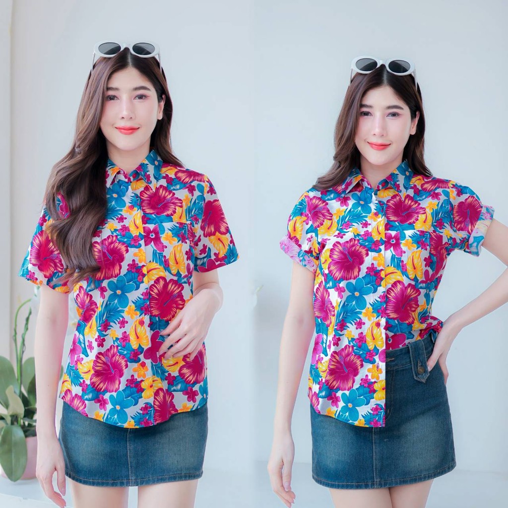 PINKรวมเสื้อเชิ้ตลายดอก2025 เสื้อสงกรานต์ลายดอก ผ้าคอตตอน100% สีไม่ตก ผ้าไม่หด