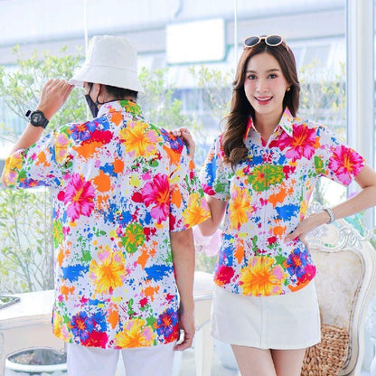 PINK038เสื้อเชิ้ตลายดอก ผ้าคอตตอน100% สีไม่ตก ผ้าไม่หด ลายคมชัด มีไซส์หญิงชาย งานป้ายKTIERออกแบบเอง*1ตัว*