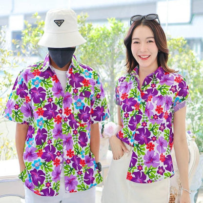 PINK023เสื้อเชิ้ตลายดอก ผ้าคอตตอน100% สีไม่ตก ผ้าไม่หดทลายคมชัด มีไซส์หญิงชาย34-56นิ้ว งานป้ายKTIER**1ตัว