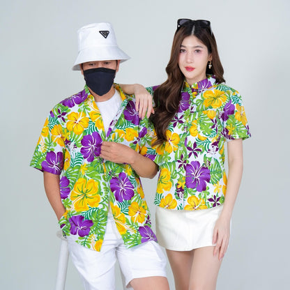PINK030เสื้อเชิ้ตลายดอก ผ้าคอตตอน100% สีไม่ตก ผ้าไม่หดทลายคมชัด มีไซส์หญิงชาย34-56นิ้ว งานป้ายKTIER**1ตัว