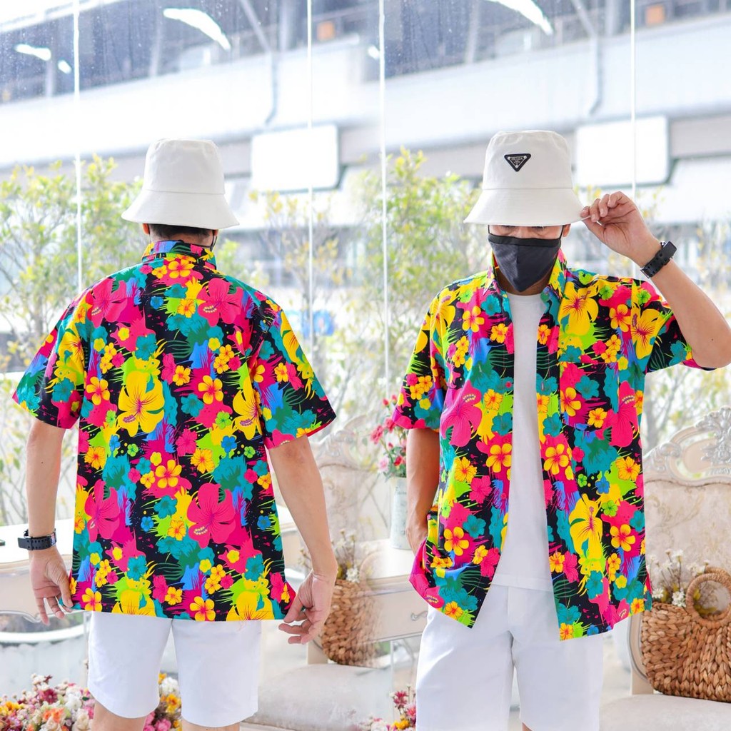 PINKรวมเสื้อเชิ้ตลายดอกผู้ชาย ทรงตรง ผ้าคอตตอน100% สีไม่ตก ผ้าไม่หด ลายคมชัด งานป้าย