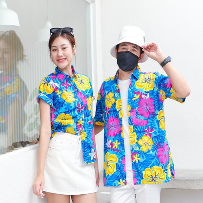 PINK029 เสื้อเชิ้ตลายดอก ผ้าคอตตอน100% สีไม่ตก ผ้าไม่หด ลายคมชัด มีไซส์หญิงชาย งานป้ายKTIERออกแบบเอง*1ตัว*
