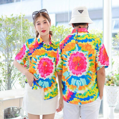 PINK3135เสื้อฮาวายลายมัดย้อม สีสันสดใส ไซส์S-8XL ผ้าโพลีพลีเมี่ยม ทรงวัยรุ่น หญิงชายใส่ได้ ลายคมชัด **1ตัว**