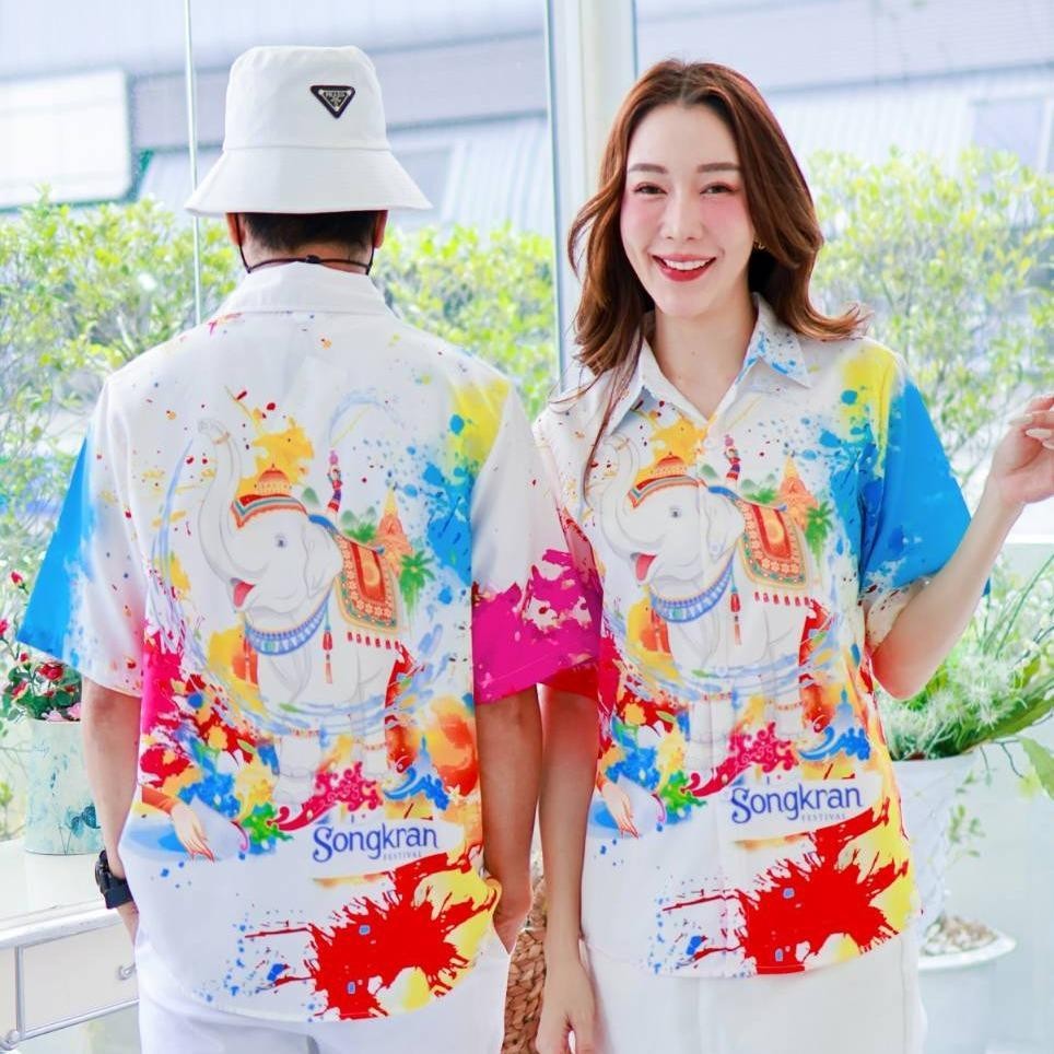 PINK3117เสื้อฮาวายลายช้างSongkran ไซส์เด็ก-ผู้ใหญ่8XL ครบทีม ผ้าโพลีพลีเมี่ยม ทรงวัยรุ่น หญิงชายใส่ได้ ลายคมชัด **1ตัว**