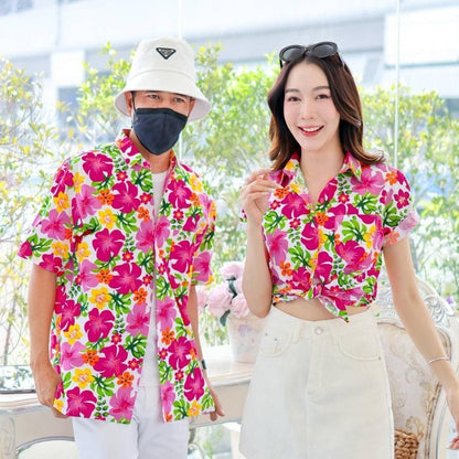 PINK023เสื้อเชิ้ตลายดอก ผ้าคอตตอน100% สีไม่ตก ผ้าไม่หดทลายคมชัด มีไซส์หญิงชาย34-56นิ้ว งานป้ายKTIER**1ตัว